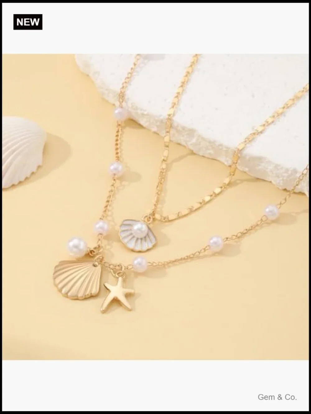 Layered Seashell Starfish Pearl Beach Charm Necklace Set